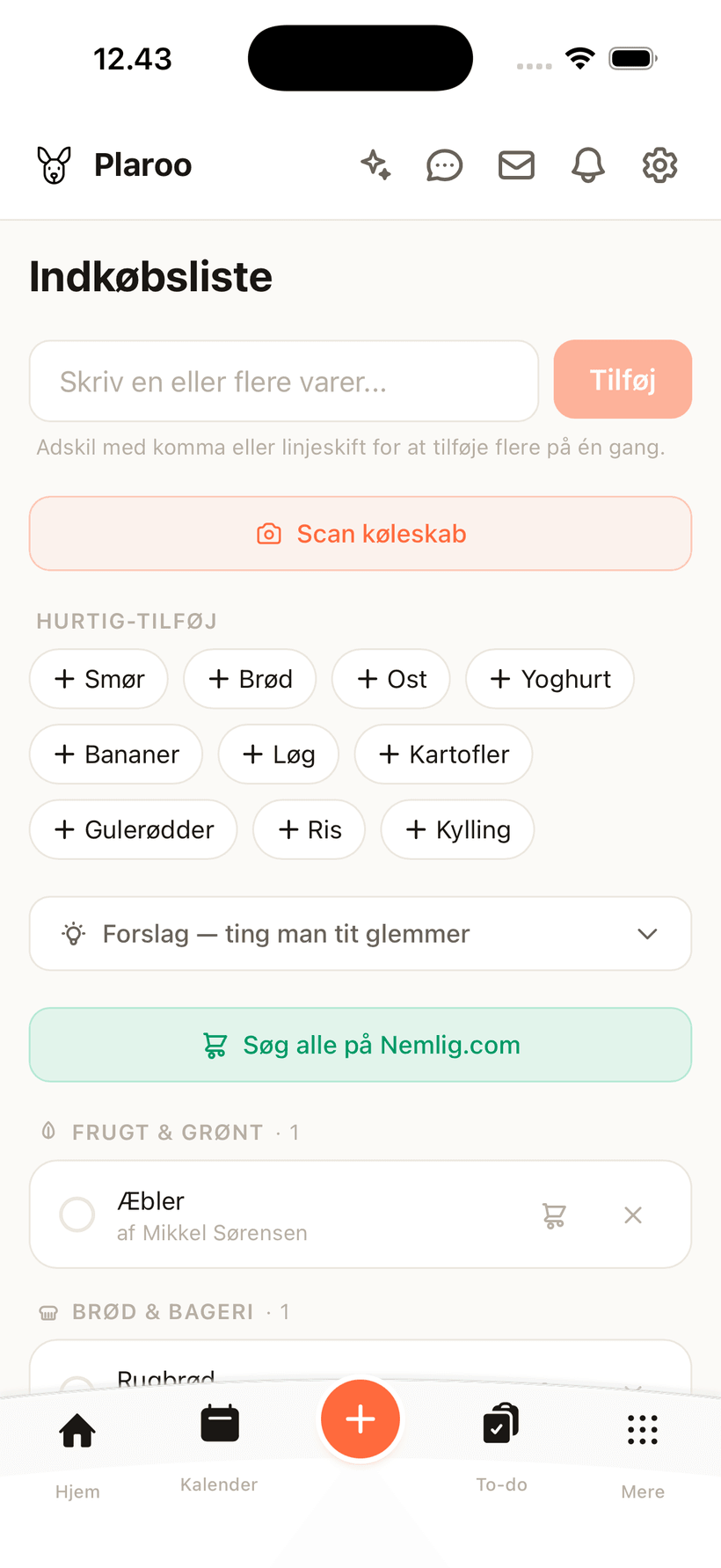 Plaroos delte indkøbsliste